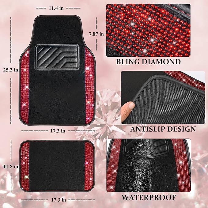 CAR PASS Bling Diamond Leather Steering Wheel Cover 14.5in-15in Floor Mats Shining Rhinestone Carpet Sparkly Glitter Crystal Anti-Slip Pad Fit Automotive SUV Pickup Truck Girl Women, 5pcs Black Red