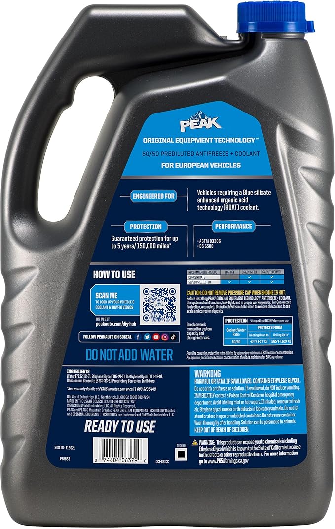 PEAK OET Extended Life Blue 50/50 Prediluted Antifreeze/Coolant for European Vehicles, 1 Gal. (Pack of 2)