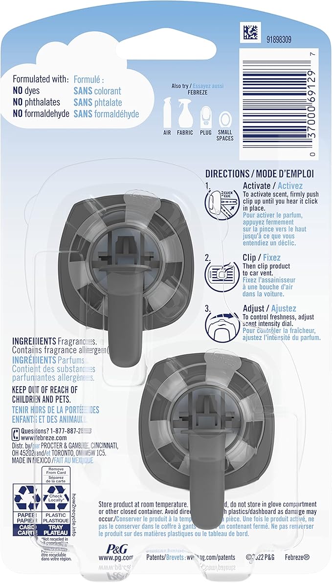 Febreze Vent Clip Car Air Freshener, Odor Eliminator, Watermelon Scent, 2 CLIPS