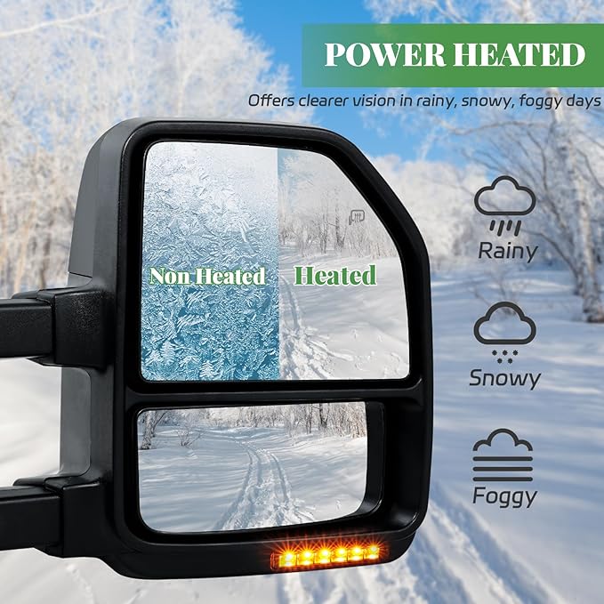 PZ Towing Mirrors Driver & Passenger Pair Set For 08-16 F250/F350/F450/F550 Super Duty Black Cap Power Heated With Smoke Signal Light