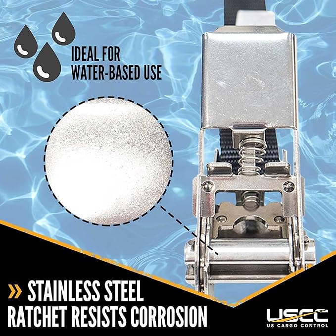 US Cargo Control Stainless Steel Ratchet Strap Tie Down, 1 Inch Wide X 10 Foot Long, Black Tie Down, Stainless Steel Thumb Ratchet, S Hooks, 4 Pack