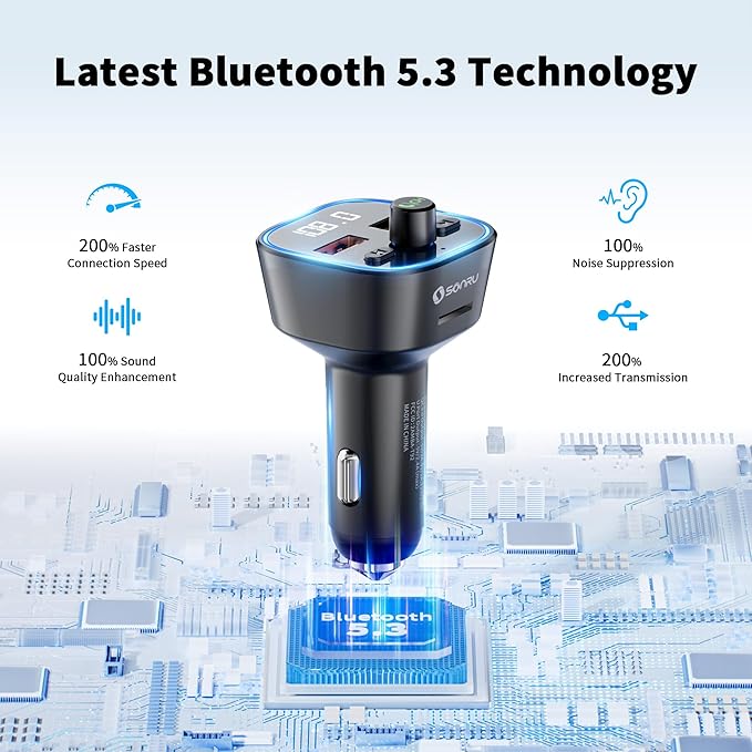 SONRU Bluetooth 5.3 FM Transmitter, Wireless Radio Adapter Car Kit, Audio Receiver Car Charger, Wireless FM Radio Transmitter, Hands-Free Calling and 2 USB Ports Charger, HiFi Treble & Bass Player