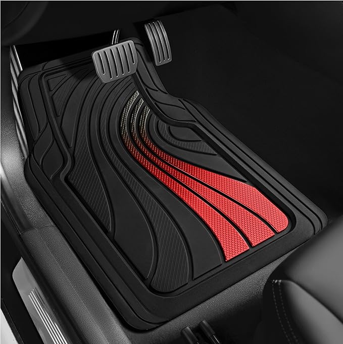 Road Comforts Car Floor Mats Full Set – Front & Rear Car Floor Mats with Aluminum Design, Anti-Slip Backing, All-Weather Protection, Trim-to-Fit Car Mats for Most Sedans, SUVs & Vans - Red