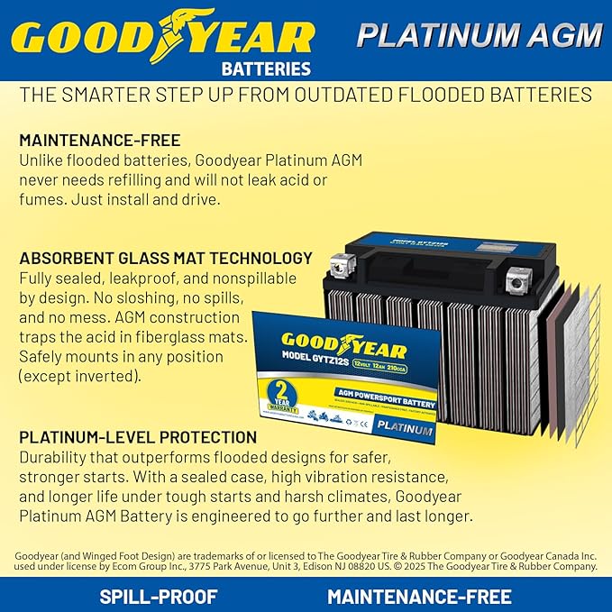 Goodyear GYTZ12S - 12 Volt 12 AH, 210 CCA, Rechargeable High-Performance, Maintenance Free, SLA - AGM Battery for Motorcycle, ATV, UTV, Scooter, Snowmobile, Motorbike and more!