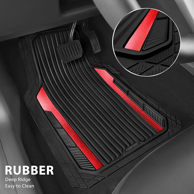 CAR PASS Heavy Duty Rubber Car Mats Metallic, Aluminum Film All Weather Floor Mats Waterproof Universal Trim to Fit Automotive SUV Sedan Van 4 Piece Anodized Deep Dish Two-Tone Sporty Black Red Chrome