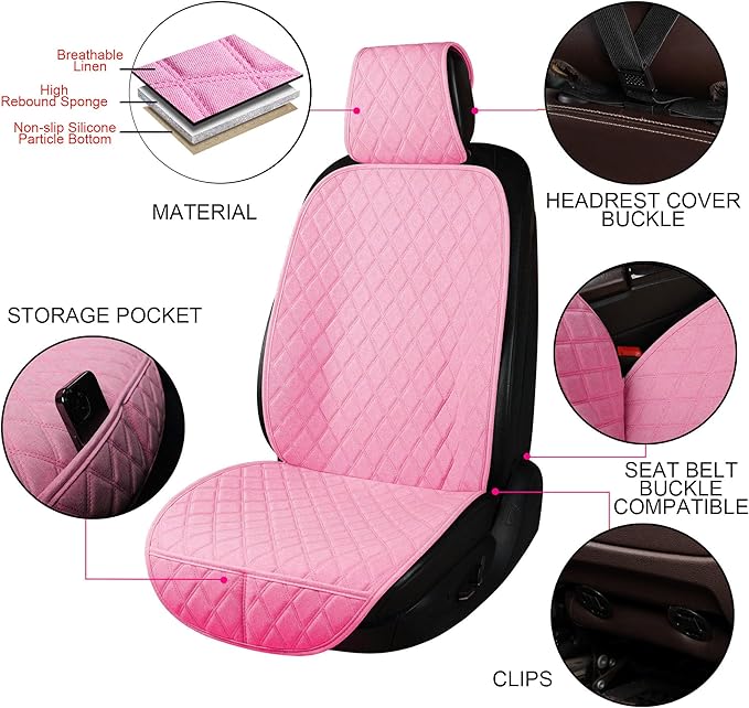 ENOGE Linen Car Seat Covers Front Seat Covers Breathable Cloth Fabric Car Seat Protector Universal Fit Most Automotive, Van, SUV, Trucks (Pink, 2 Front)