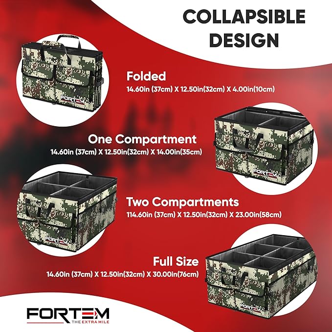 FORTEM Car Trunk Organizer with Cooler, Collapsible Multi Compartment SUV Organizer, Foldable Storage for Car Accessories for Women Men, 600D Oxford, Non Slip Bottom, Securing Straps Soft Cover (105L)