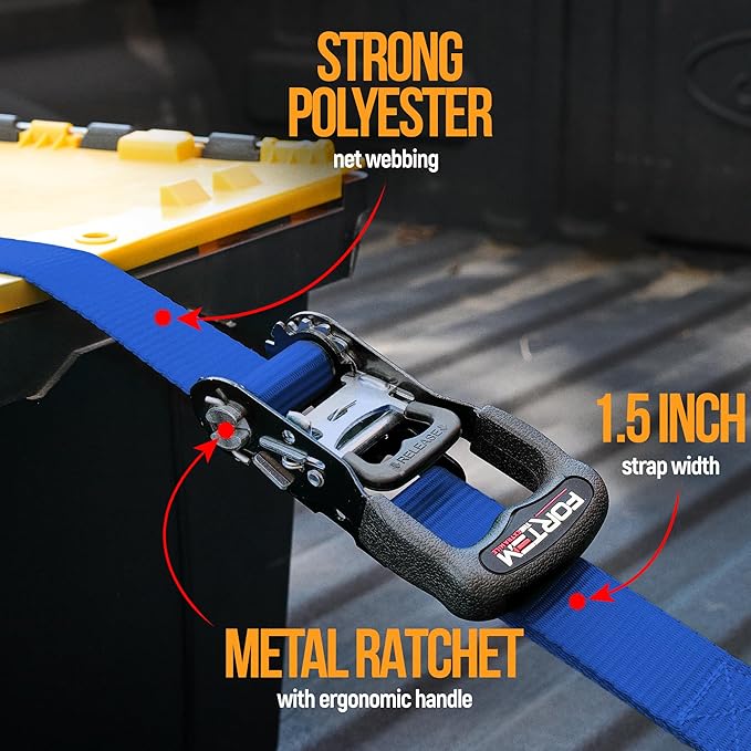 FORTEM Ratchet Tie Down Straps, 5208lb Break Strength, 4 Pack 10ft x 1.5in Heavy Duty Straps, 4 Soft Loops, Cam Buckles for Motorcycles, Safety Lock S Hooks, Carry Bag