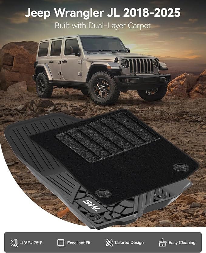 3W Floor Mats&Cargo Liner with Carpets on TOP Fit for Jeep Wrangler JL 2018-2024 2025 Unlimited 4-Door Sahara Willys Rubicon Without Subwoofer(Non JK or 4XE) Full Set Mats, 8PCS