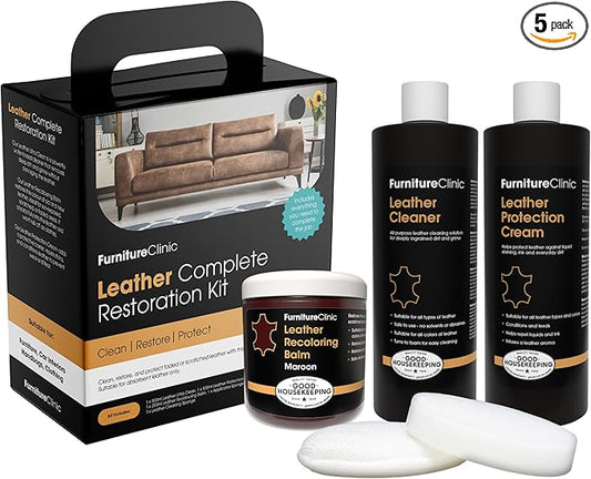 Furniture Clinic Leather Complete Restoration Kit | with Leather Recoloring Balm, Cleaner, 2-in-1 Protection Cream & Conditioner, Sponge, and Cloth | Repair Kit for Furniture (Maroon)