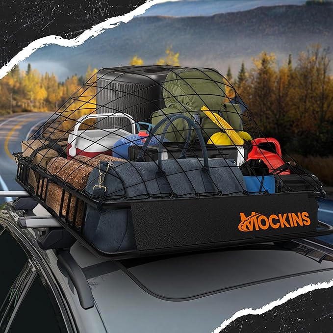 Mockins 50"x36"x4.5" Extendable Roof Rack Cargo Carrier for Top of Vehicle | 250 Lbs. Cap Weatherproof Steel Car Rooftop Cargo Carrier Basket | Heavy Duty Roof Rack Basket Set w/Straps & Bungee Net