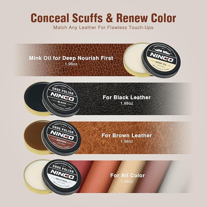 NINGO Leather Shoe Polish Kit, 16pcs Shoe Shine Kit with 6 Horsehair Brushes, 3 Black Brown Neutral Shoe Polish & Mink Oil