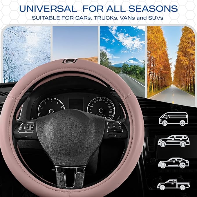 Skechers Memory Foam Pink Steering Wheel Cover,Grade Protein Leather Steering Wheel Cover,Universal Fit 14" 1/2-15" Car Wheel Cover for Women Stylish Decor Gifts Fit Suvs,Vans,Sedans,Car,Trucks,Pink