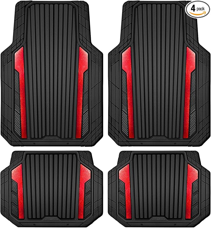 CAR PASS Heavy Duty Rubber Car Mats Metallic S~L Size, Aluminum Film All Weather Floor Mats Waterproof Universal Trim to Fit SUV Sedan Van Truck 4 Piece Deep Dish Two-Tone Sporty Black Red Chrome