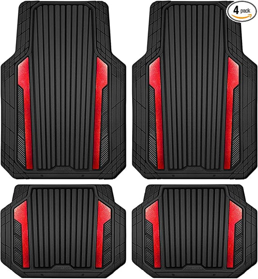 CAR PASS Heavy Duty Rubber Car Mats Metallic S~L Size, Aluminum Film All Weather Floor Mats Waterproof Universal Trim to Fit SUV Sedan Van Truck 4 Piece Deep Dish Two-Tone Sporty Black Red Chrome