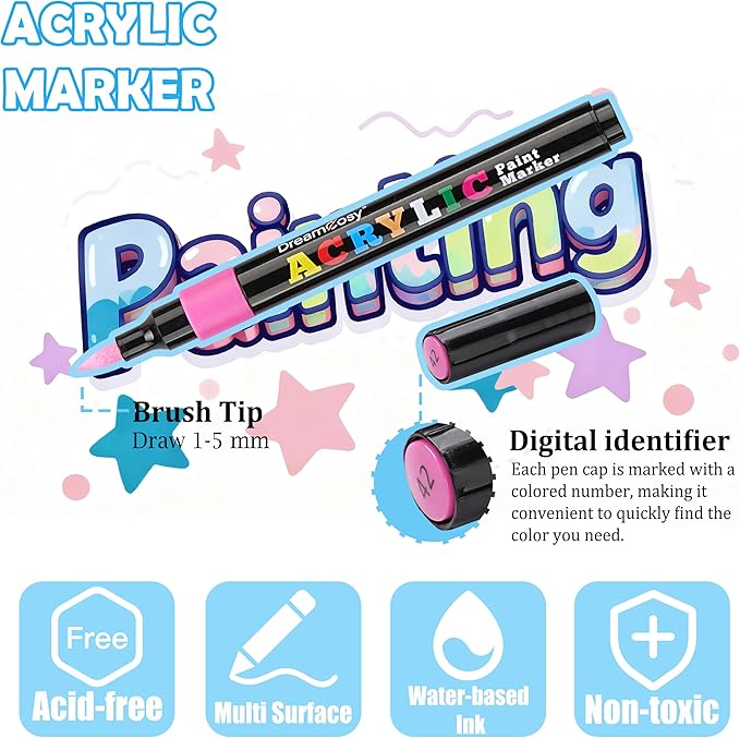 60 Colors Acrylic Markers Set,Brush Tip Acrylic Paint Pens for Painting on Rocks, Canvas, Ceramic, Wood, Glass - Perfect for Artists, Kids and Adults - DIY Crafts, Holiday Decorations & Art Supplies