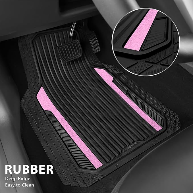 CAR PASS Heavy Duty Rubber Car Mats Metallic, Aluminum Film Cute All Weather Floor Mats Waterproof Universal Trim to Fit for SUV Sedan Van 4 Piece Deep Dish Two-Tone Sporty Black Light Pink Chrome