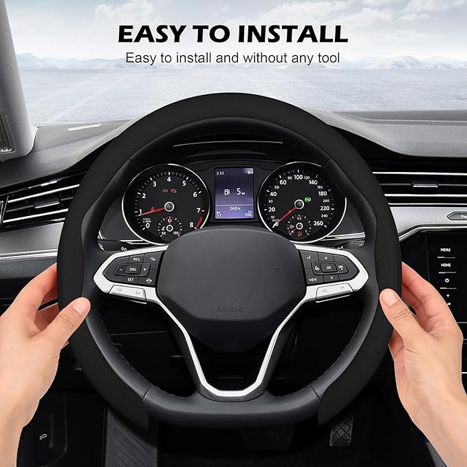 frani Nappa Leather Steering Wheel Cover, Universal 15 Inch Premium Non-Slip Steering Wheel Cover Black