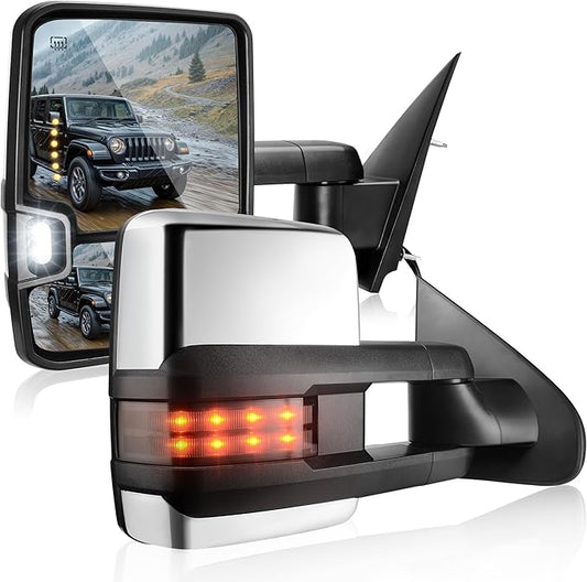 DWVO Towing Mirror Compatible with 2014-2018 Silverado 1500 2500 3500 Avalanche Tahoe Suburban, GMC Sierra Yukon, Power Heated Switchback Telescoping Turn Signal Light Chrome