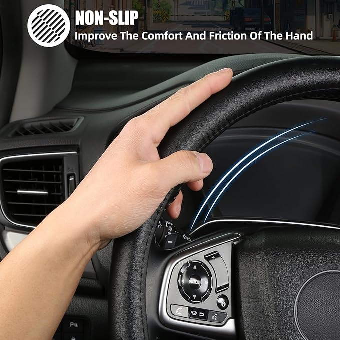 Leather Steering Wheel Cover, Anti-Slip, Safety, Soft, Breathable, Adaptable to 14.5-15 inches Steering Wheel Fit SUV Jeep Van Sedan, Car Steering Wheel Protector for Women Men,Classic Black