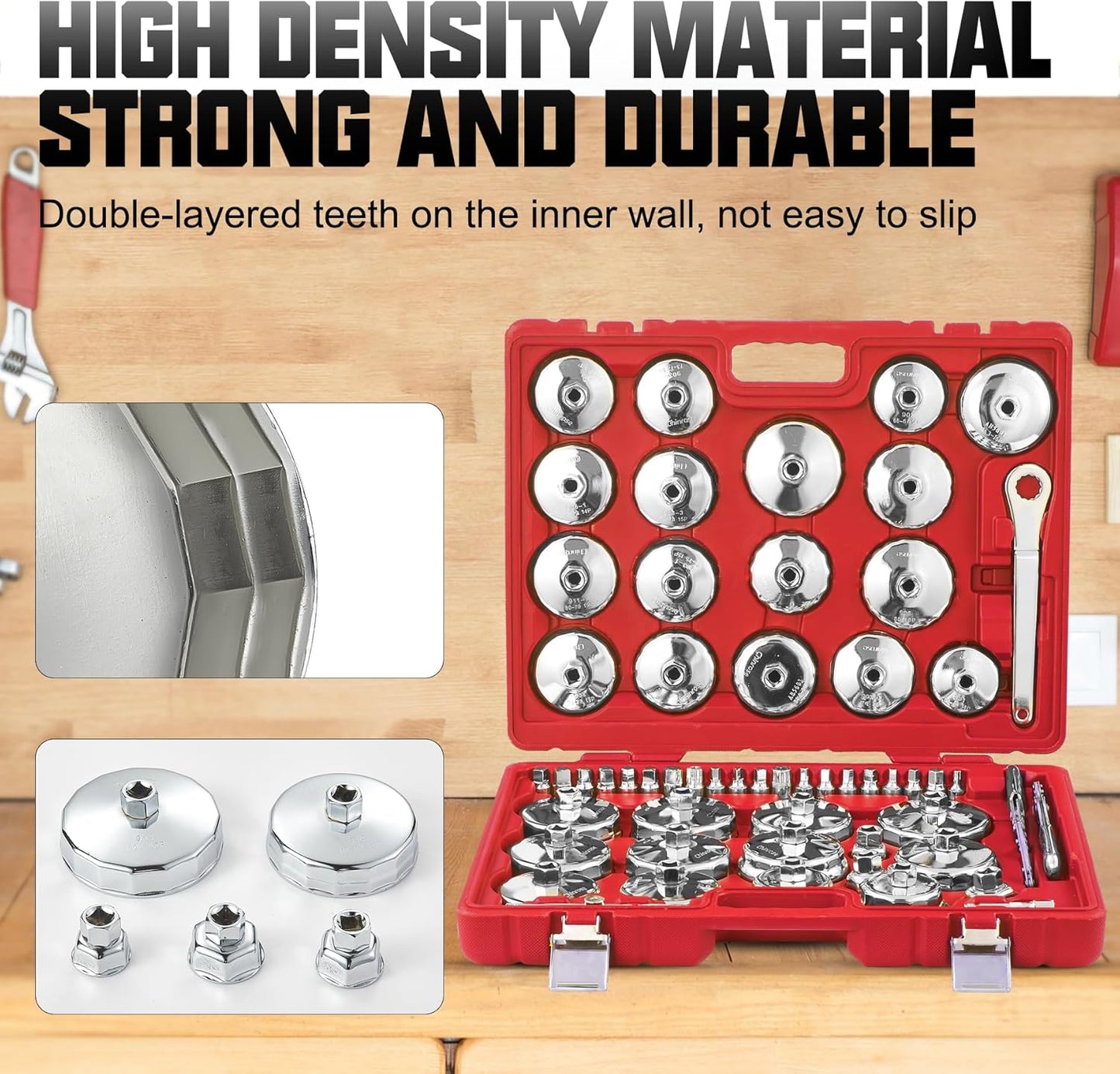 Auto Oil Filter Socket Wrench Set, Cup Type 1/2 inch Drive Cap Removal Tool, with Drain Plug Socket Set/Adjustable/Drive, Compatible, all Models Car, SUV, Oil Filter (58, RED)