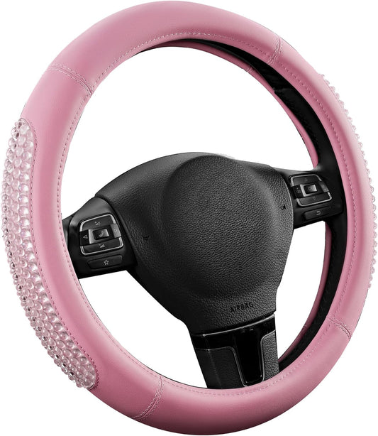 PIC AUTO Gel Particles Steering Wheel Cover, Pink Luxury Leather Car Steering Wheel Protector, Universal Fit 14.5"-15.5" Anti-Slip Car Interior Accessories for Girls & Women