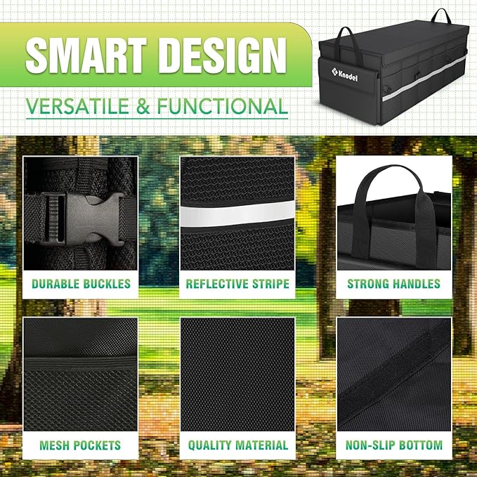 K KNODEL Car Trunk Organizer with Lid, 3 Compartments Collapsible Car Trunk Storage Organizer, Large Car Organizer and Storage for SUV, Truck, Sedan (Large, Black)