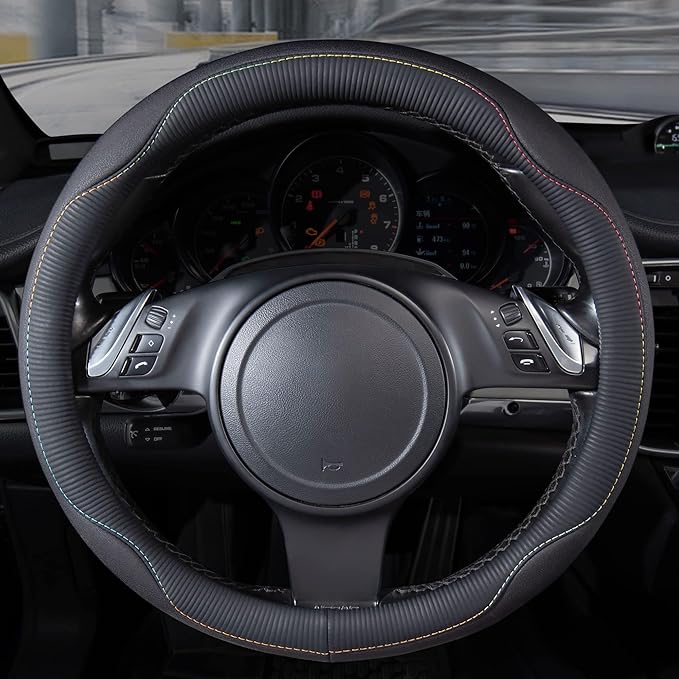 CAR PASS Colour Piping Leather Universal Fit Steering Wheel Cover,Perfectly fit for 14.5-15 inches for Various Vehicles Suvs,Vans,Trucks,Sedans,Cars(Black Multicolor)