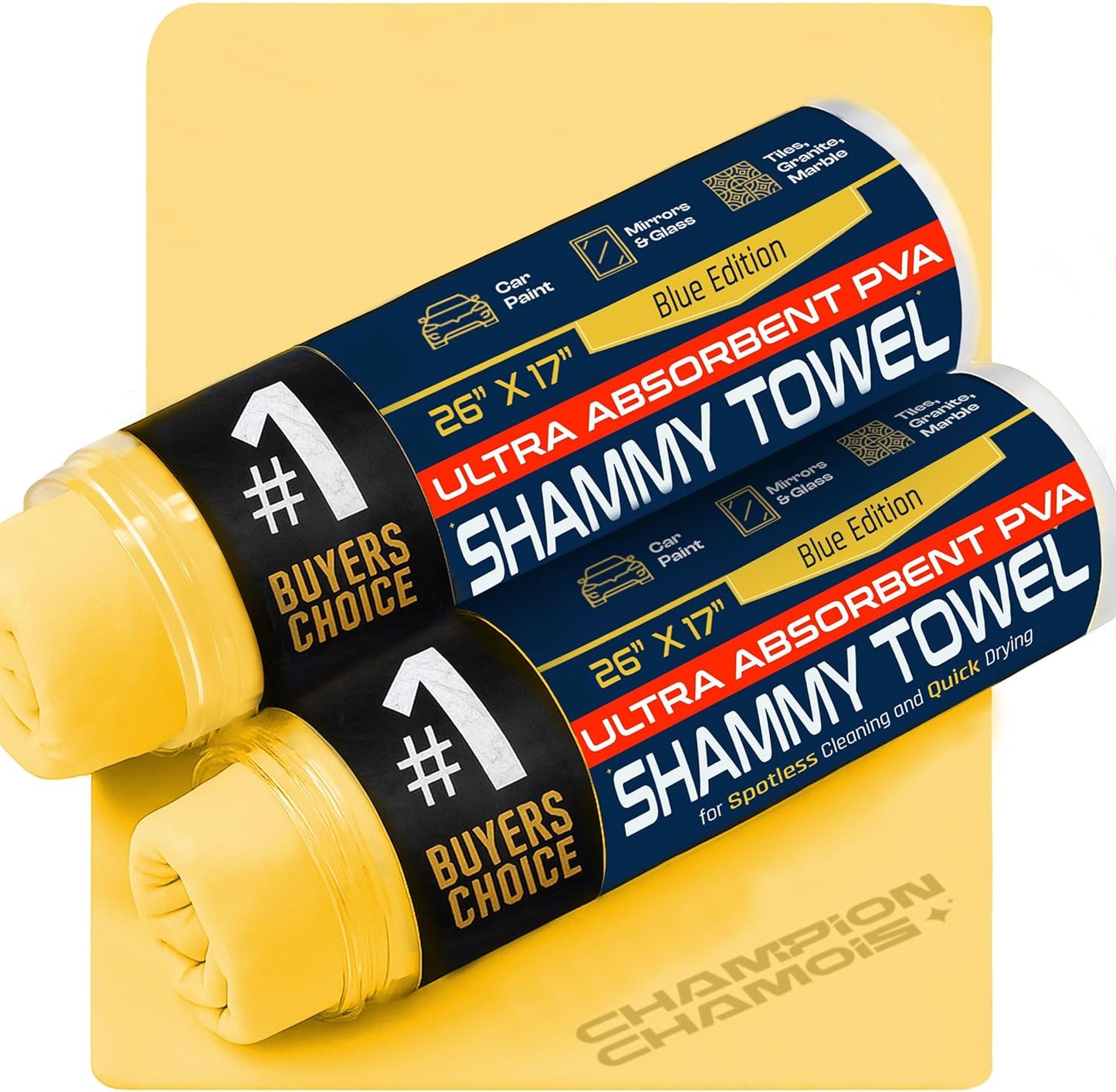 Premium Large Shammy Towel for Car - 2pk Pack (26"x17") - Super Absorbent, Soft, Streak-Free, Scratch-Free Cloth for Cars, Boats, Home - Long Lasting Chamois Towel + Hanging Storage Tubes (Original)