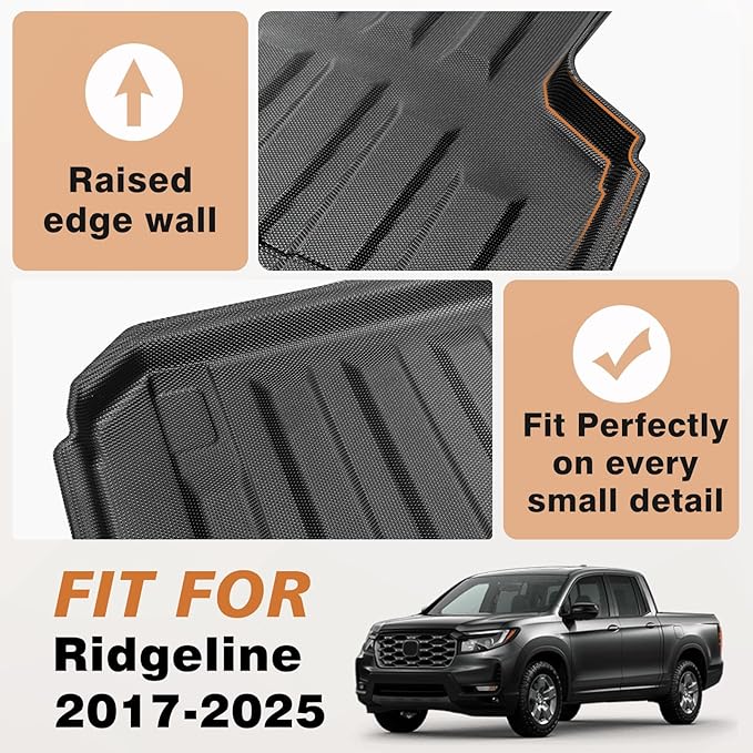 TripleAliners Truck Bed Mat Compatible with 2017-2024 2025 2026 Honda Ridgeline Accessories 5.3FT Vehicle Perfectly Flush All Weather Protection TPE Heavy Duty Pickup Car Bed Cargo Mat