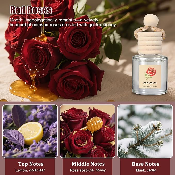 Car Air Freshener Oil Diffuser - Hanging Long Lasting Scent for Car & Home, Essential Oil Freshener with Adjustable Fragrance (Lavender+Red Roses+Oud Wood+Amber Allure)