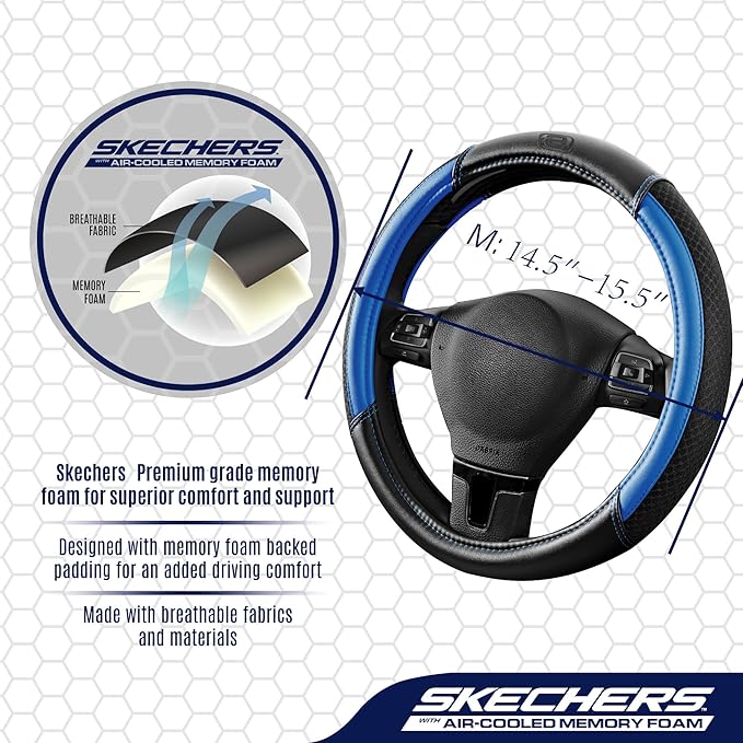 Skechers Air-Cooled Steering Wheel Cover,Air Cool Mesh Leather Car Steering Wheel Cover Universal Fit 14" 1/2-15" Car Wheel Protector for Men Women Fit Suvs,Vans,Sedans,Car,Trucks,Blue