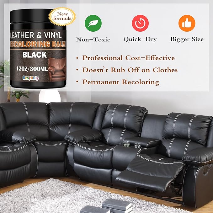 Leather Recoloring Balm Black Leather Dye Vinyl Paint Car Interior Seat Furniture Conditioner Couch Recliner Boots Jacket Shoes Handbag Purse Belt Color Restorer Fade Wear Scratch Remover Repair Kit