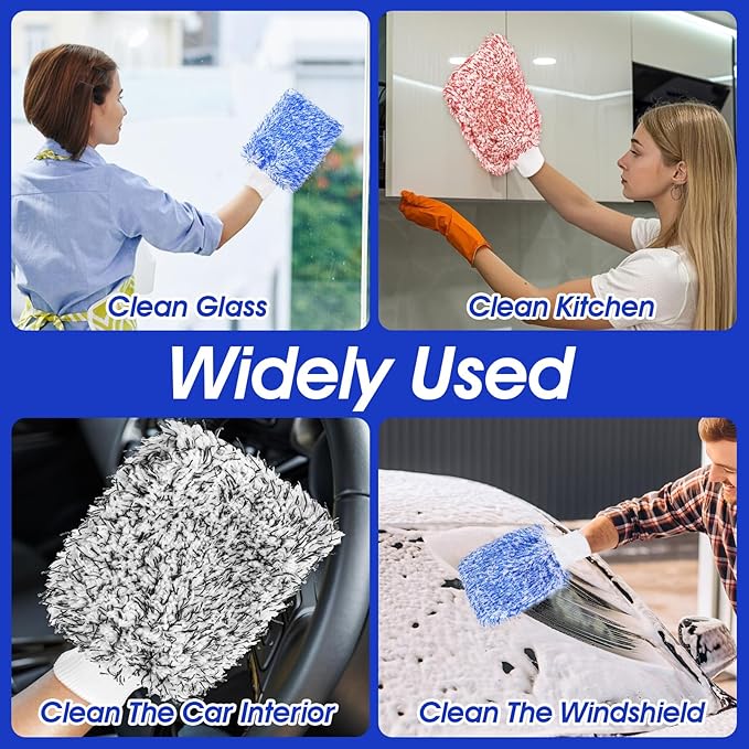 6 Pcs Microfiber Car Wash Mitt, Sponge Glove Wrapped in Soft, Plush Fiber Cloth Material, Safe Washing with Any Soap, Bucket, Other Cleaning Supplies