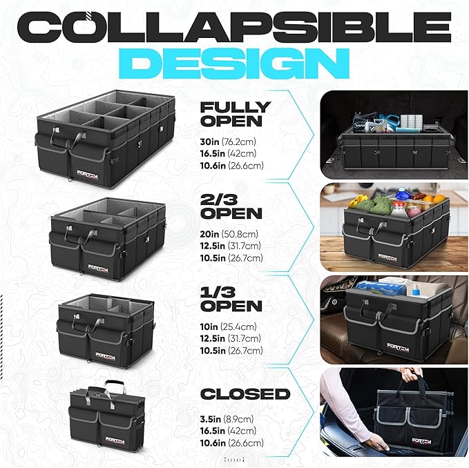 FORTEM Car Trunk Organizer with Cooler, Collapsible Multi Compartment SUV Organizer, Foldable Storage for Car Accessories for Women Men, 600D Oxford, Non Slip Bottom, Securing Straps Soft Cover (105L)
