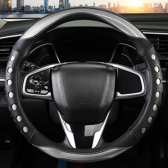 Leather Car Steering Wheel Cover with Anti-Slip Grip, for Women and Men, Universal Fit for 14.5-15 Inch Cars, Trucks, SUVs (Gray (Round), Medium(Standard) Size[14 1/2''-15''])