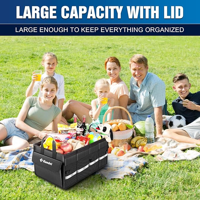 K KNODEL Car Trunk Organizer with Lid, Collapsible Car Trunk Storage Organizer, Car Organizer and Storage for SUV, Truck, Sedan (Medium, Black)