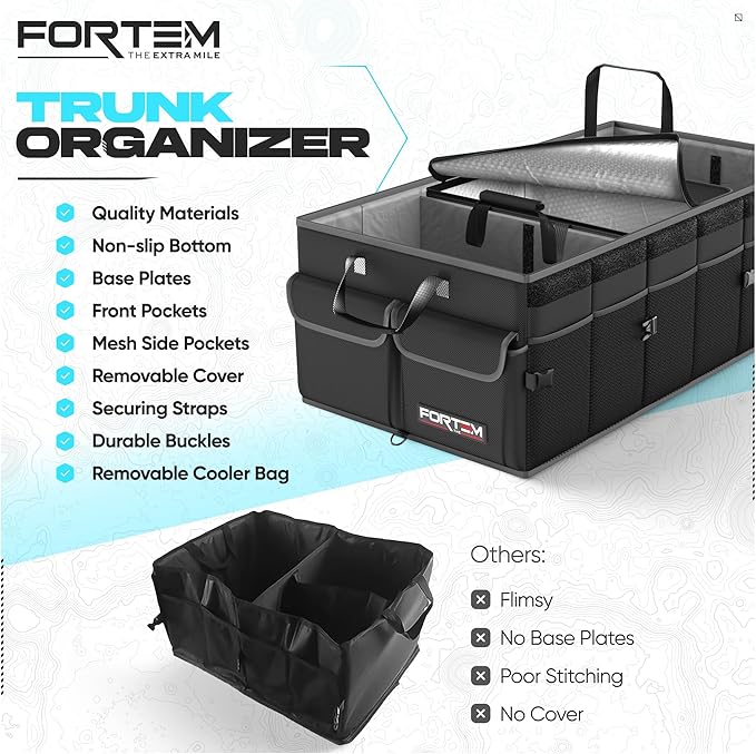 FORTEM Car Trunk Organizer with Cooler, Collapsible Multi Compartment SUV Organizer, Foldable Storage for Car Accessories for Women Men, 600D Oxford, Non Slip Bottom, Securing Straps Soft Cover (105L)