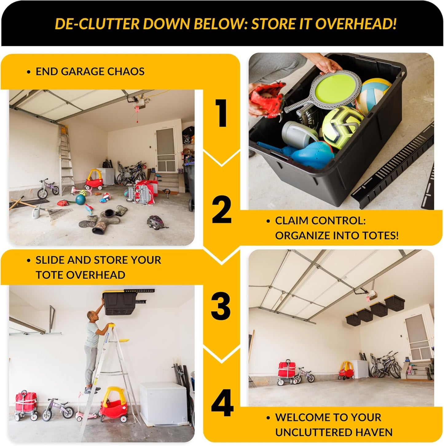 Overhead Bin Rack - Ceiling Mount Overhead Garage Storage Rack | Adjustable Width and Orientation | Heavy Duty Ceiling Bin Storage Rails | Fits Black & Yellow Storage Bins | USA Designed (4 Bins)