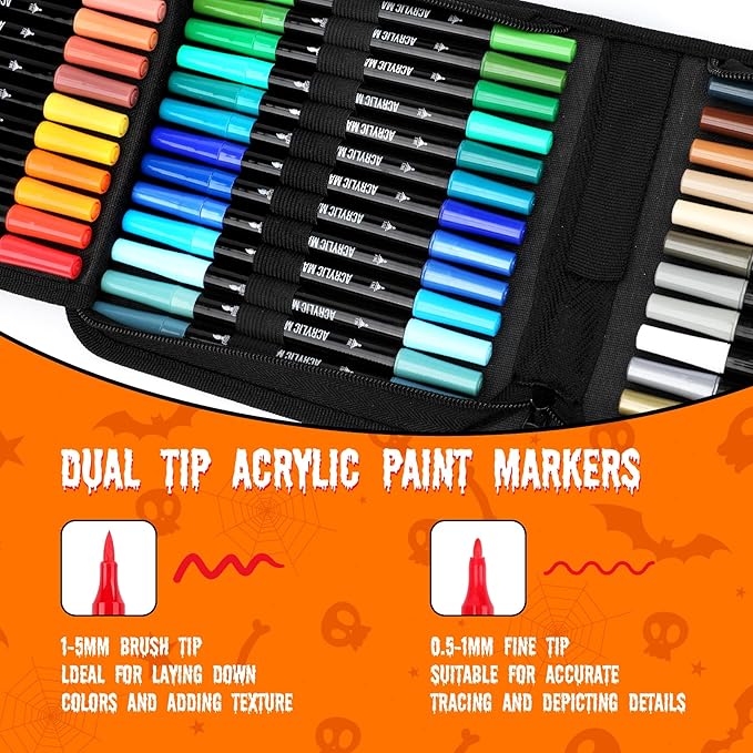 48 Colors Acrylic Paint Markers, Dual Tip with Fine Tip and Brush Tip Pens for Stone, Wood, Calligraphy, Canvas, Ceramic, Metal, Glass, Rock Painting, DIY Crafts Art Supplies Kit