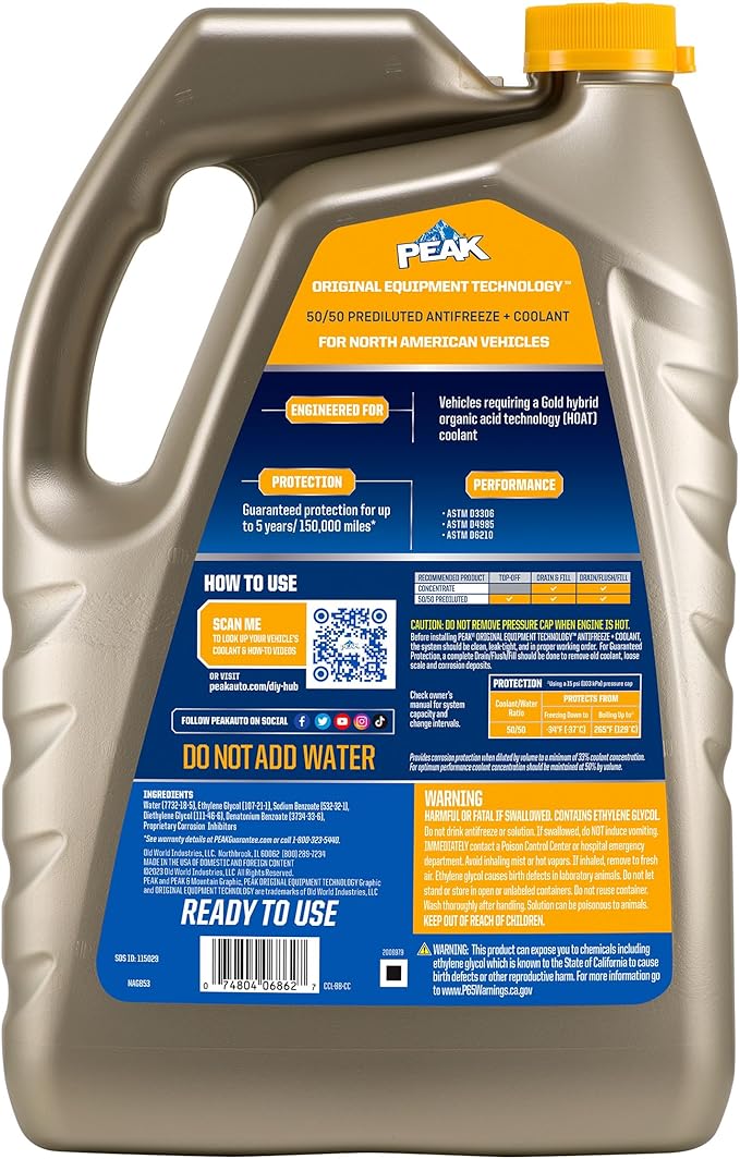 PEAK OET Extended Life Gold 50/50 Prediluted Antifreeze/Coolant for North American Vehicles, 1 Gal.