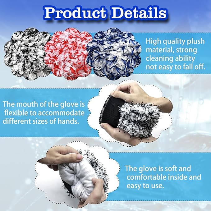 Microfiber Car Wash Mitt - 3 Pack Scratch Free Mitts with Blue, Red and Black, Machine Washable, Lint Free, 10 Inch X 8 Inch Glove