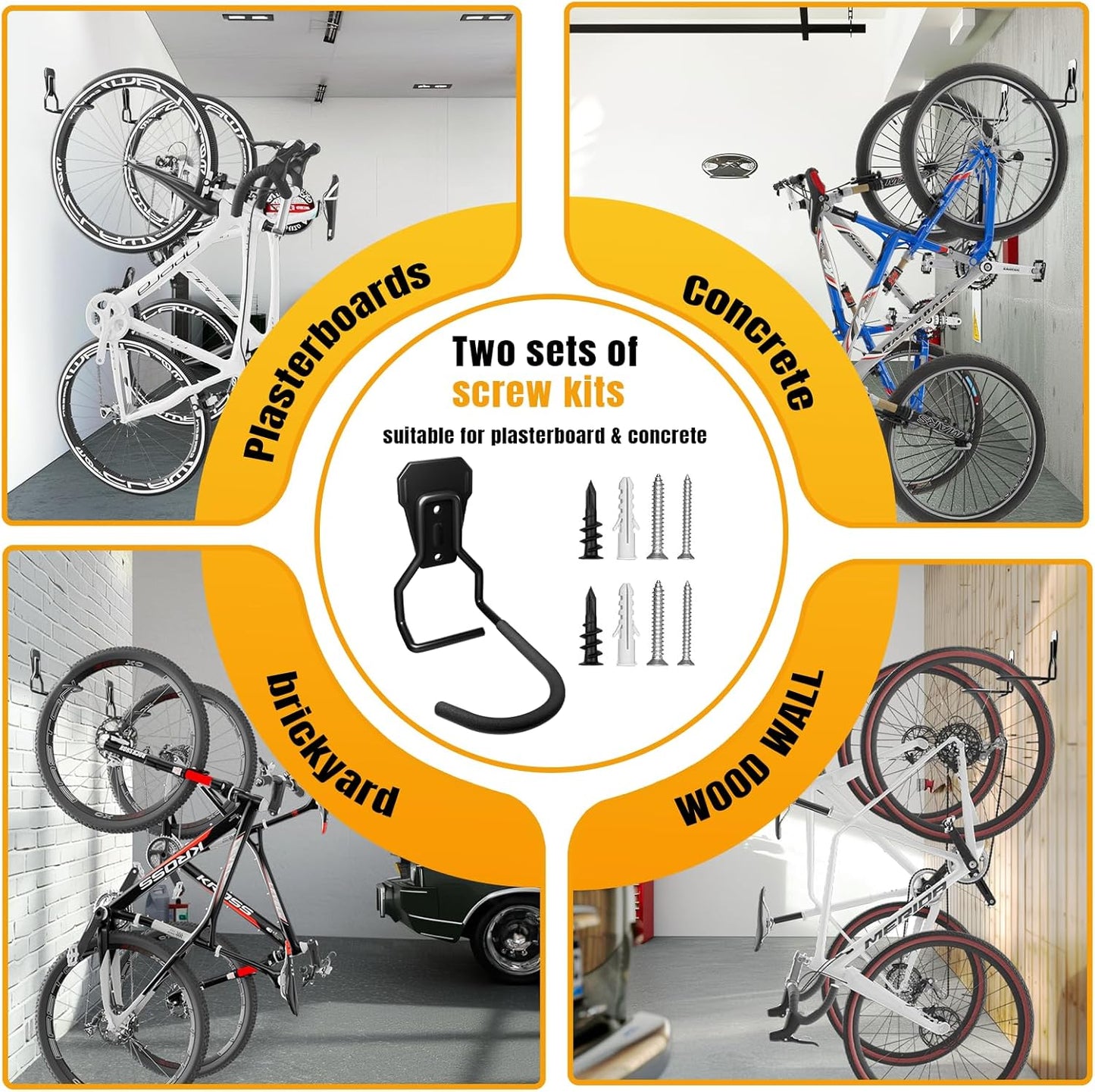 Wall Mount Bike Hooks Bike Hooks for Garage Vertical Bike Hanger for Indoor Use Heavy Duty with 8mm Thick Steel Frame 4PCS Storage System Black