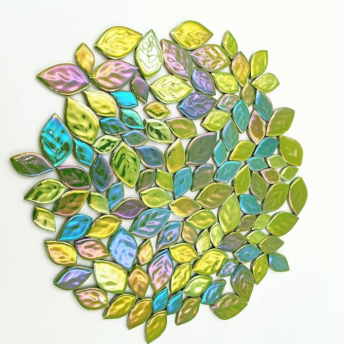 1.1LB Random Iridescent Leaves Ceramics Mosaic Tiles, Making Creative 3 Size Ceramic Mosaic Pieces for DIY Craft,Flowerpots, Vases, Cups, Garden Decor Mosaic Making Supplies (Green)