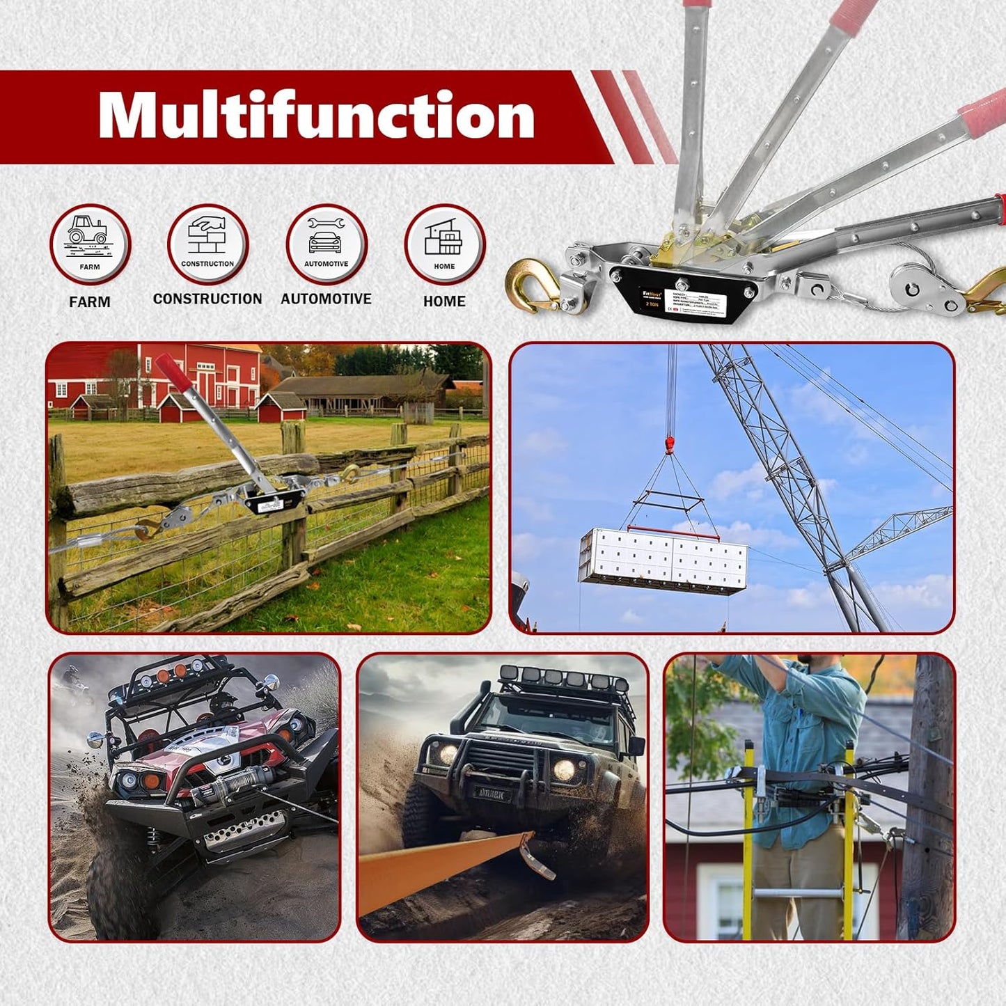 Come Along Winch 2T,Pulling Capacity 12 FT Steel Cable 2 Hooks,Heavy Duty Come Along Tool with Dual Gears,Heavy Duty Hoist Cable Puller for Vehicle Rescue