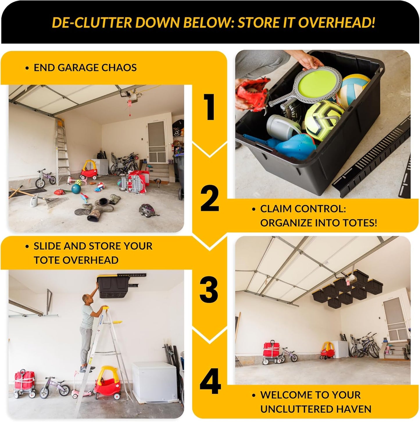 Overhead Bin Rack - Ceiling Mount Overhead Garage Rack | Adjustable Width and Orientation | Heavy Duty Ceiling Bin Storage Rails | Fits Black & Yellow Storage Bins | USA Designed (8 Bins)