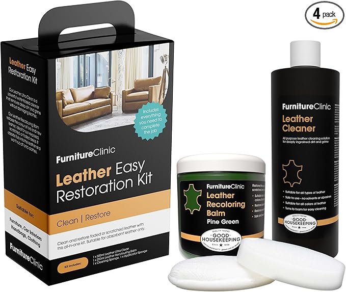 Furniture Clinic Leather Easy Restoration Kit | with Leather Recoloring Balm, Cleaner, Sponge, and Cloth | Leather Repair Kit for Scratched and Faded Furniture (Pine Green)