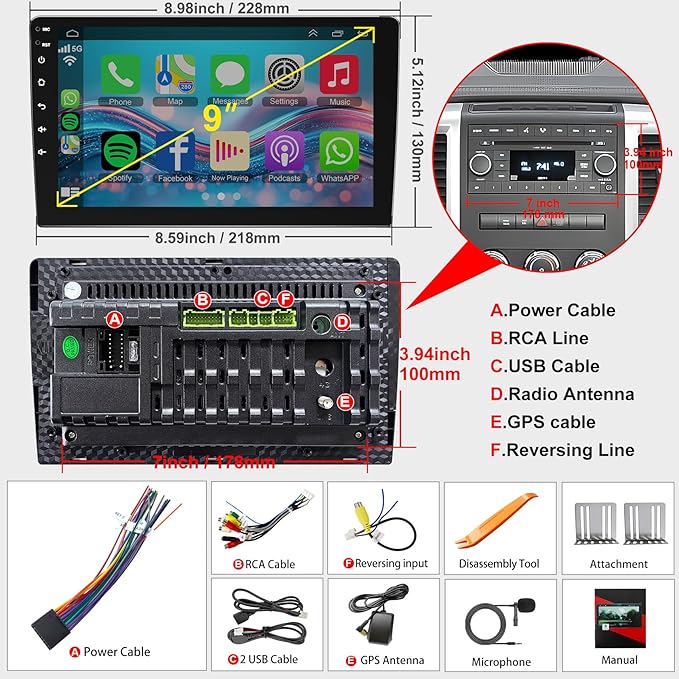 8 Core QLED Screen 1280 * 800 Car Radio Double Din Android 13 GPS Navigation Stereo with Wireless Carplay Android Auto, FM/AM, Bluetooth,Steering Wheel Control,DSP