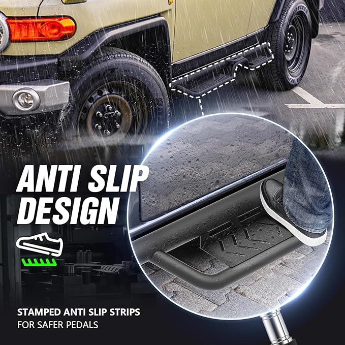 Running Boards Side Steps Compatible with 2007 2008 2009 2010 2011 2012 2013 2014 Toyota FJ Cruiser, Bolt-on Nerf Bar Step Bars, Heavy-Duty Steel Two Stairs Design (Black Steel, Star Logo)