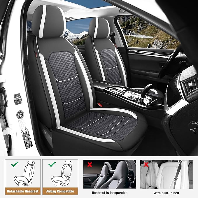 CAROMOP Premium PU Leather&Flannel Car Seat Covers Full Seats,Split Bench Compatible Car Interior Covers, Universal Fit Most Car Sedan Truck SUV(5-Seat Black/White)